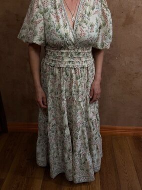 Floral Smocked Waist Maxi Dress - White with Pink & Green